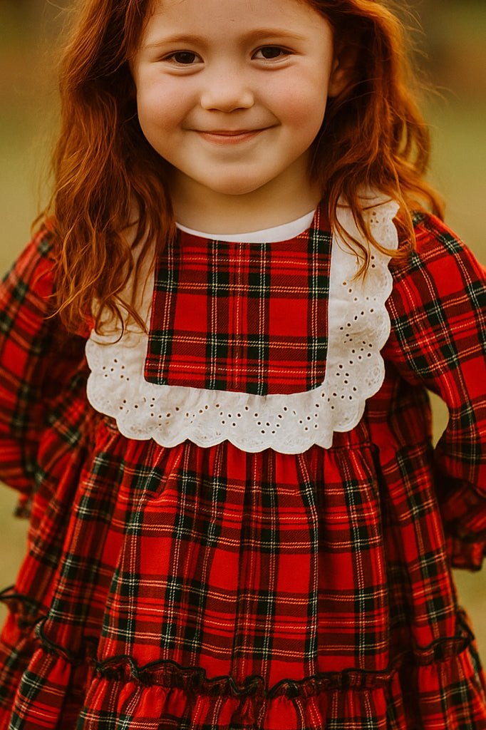 "Rosalía" Red Tartan Broderie Anglaise Dress