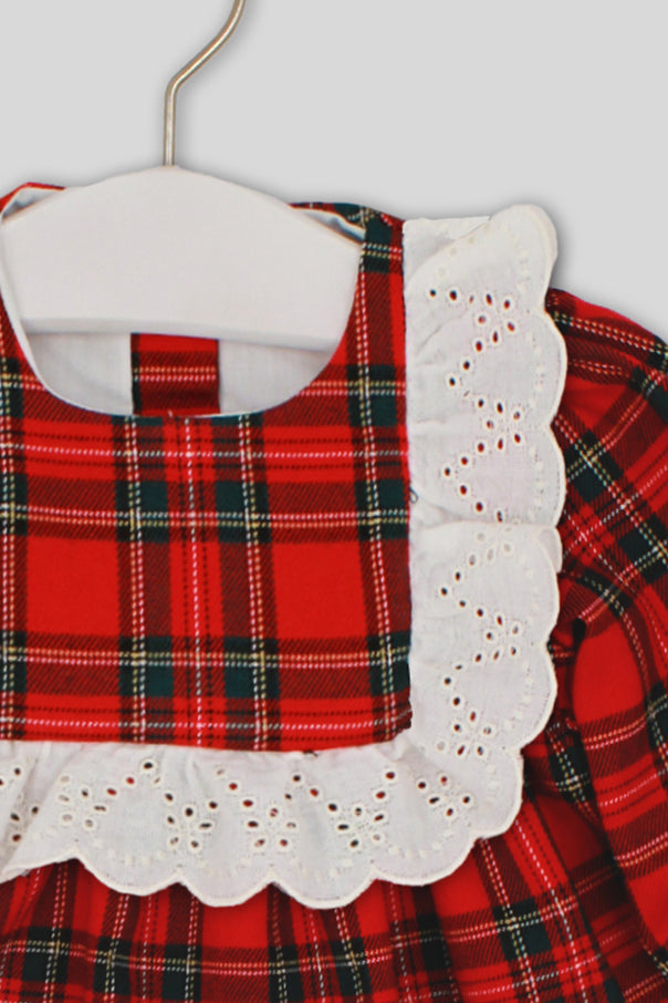 "Rosalía" Red Tartan Broderie Anglaise Dress