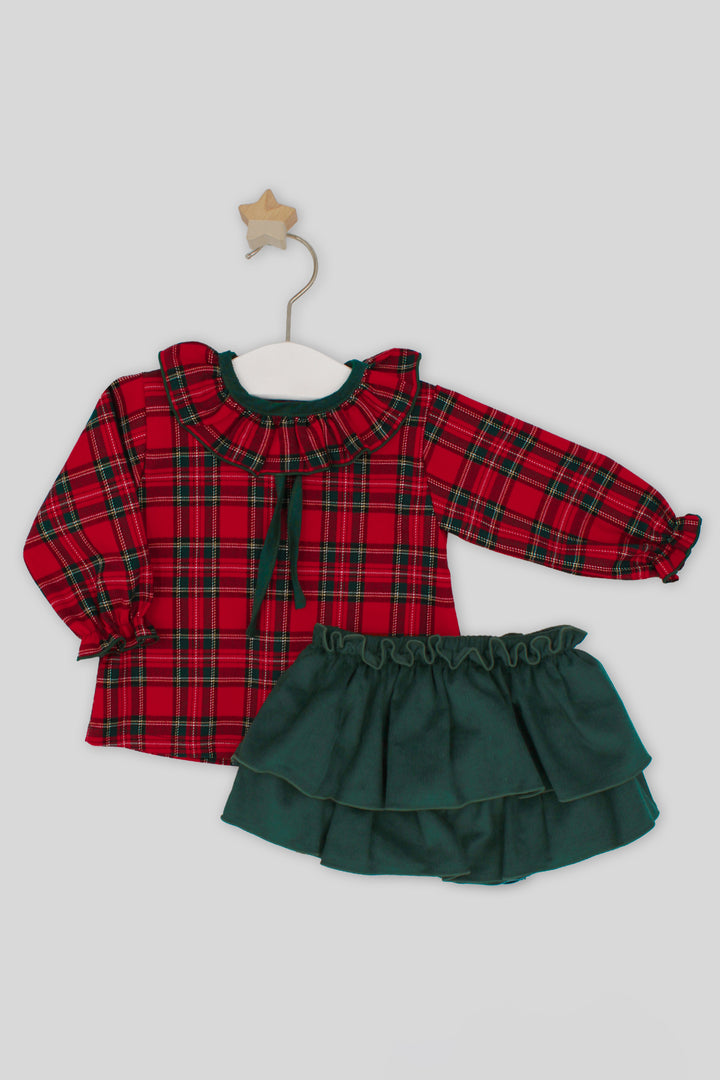 "Sofía" Red Tartan Blouse & Bottle Green Cord Skort