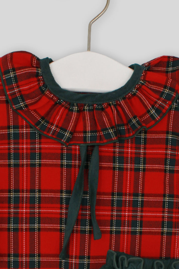 "Sofía" Red Tartan Blouse & Bottle Green Cord Skort