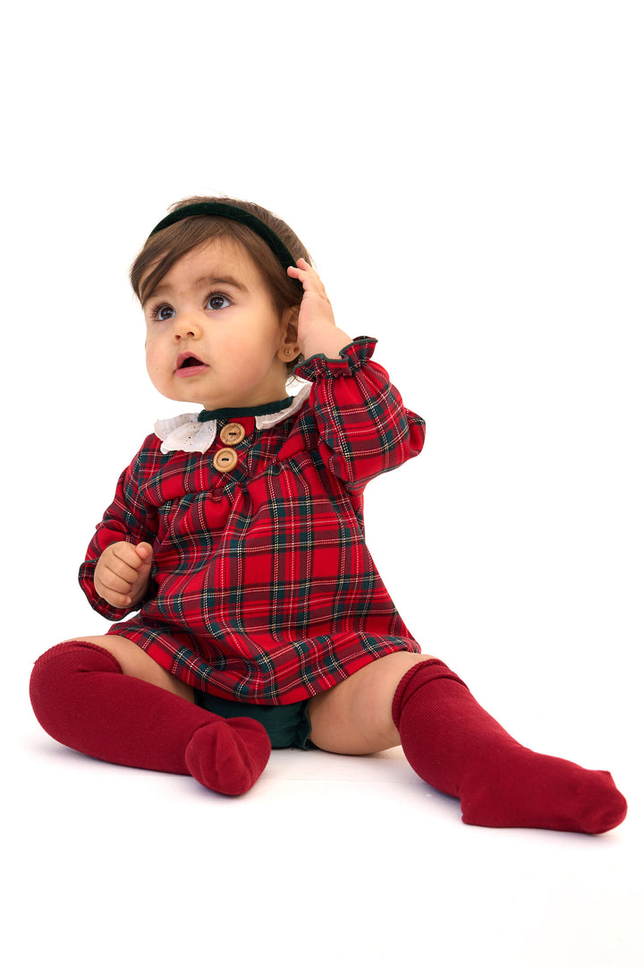 "Ana" Red Tartan Broderie Anglaise Dress & Bloomers