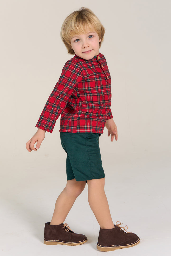 "Javier" Red Tartan Shirt & Cord Shorts
