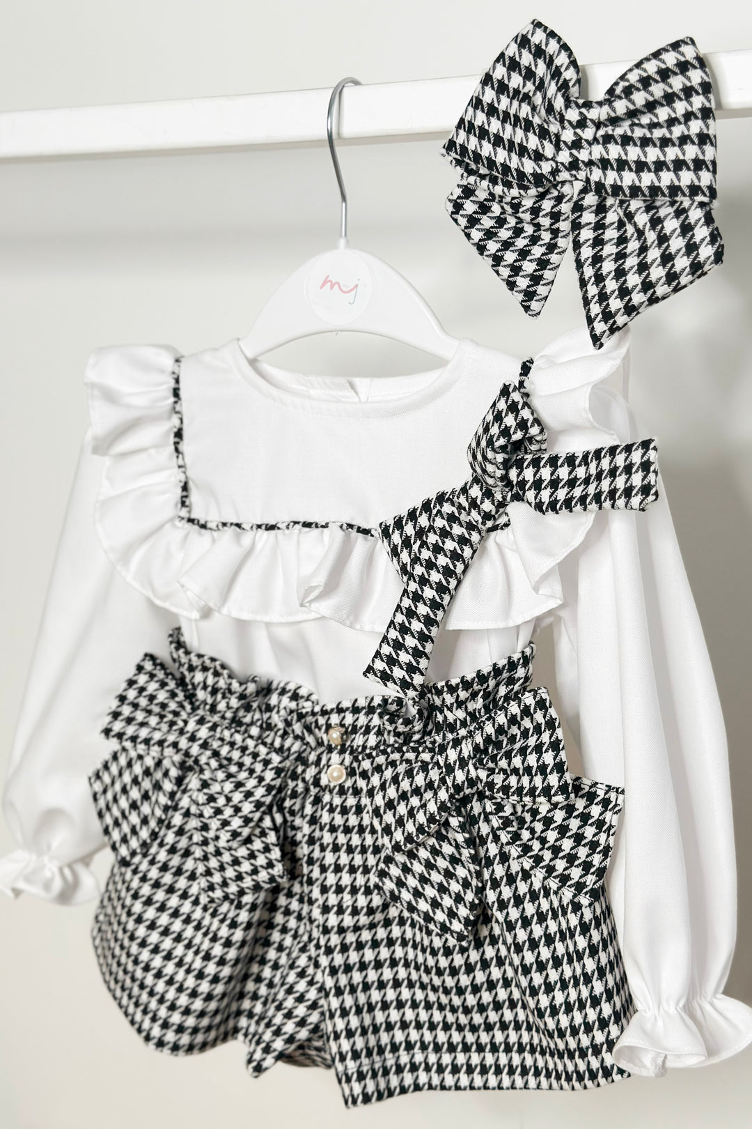 "Beatrice" Black & White Houndstooth Blouse & Shorts
