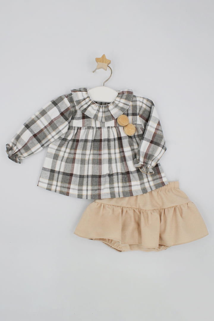 "Sara" Grey & Burgundy Tartan Blouse & Skort