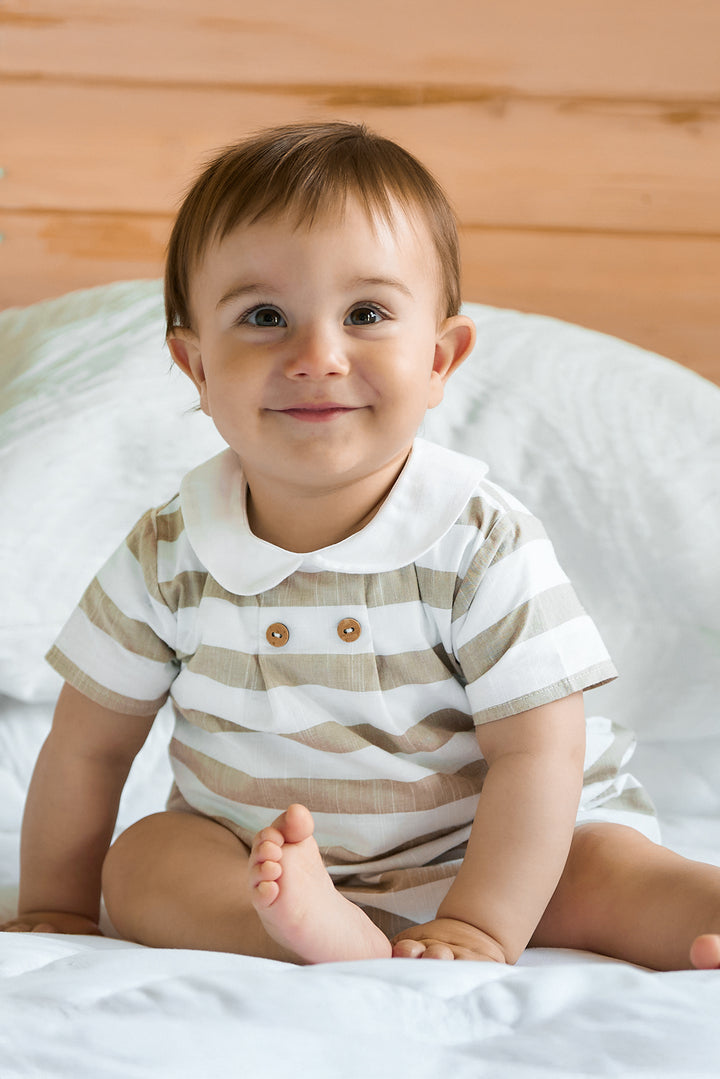 "Zachary" Beige Striped Romper