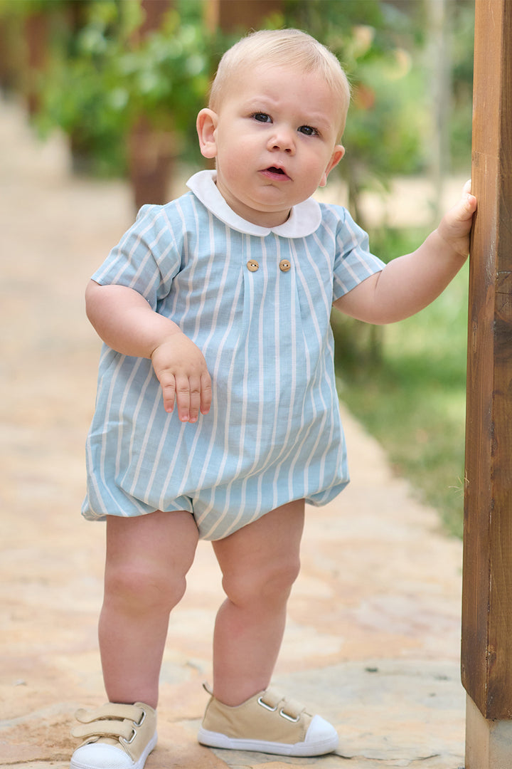 "Luca" Light Teal Striped Romper