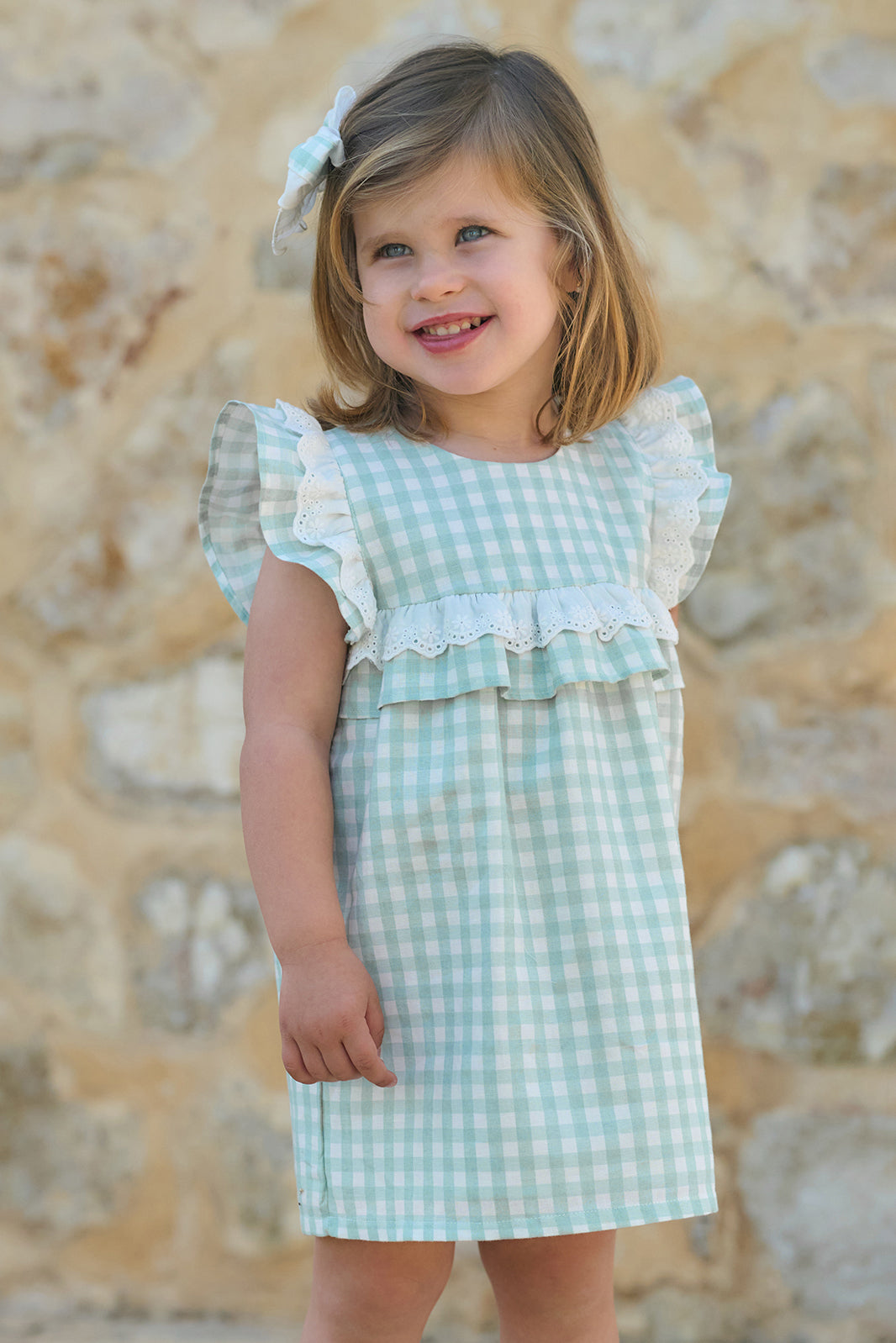 "Tamsin" Sage Green Gingham Broderie Anglaise Dress