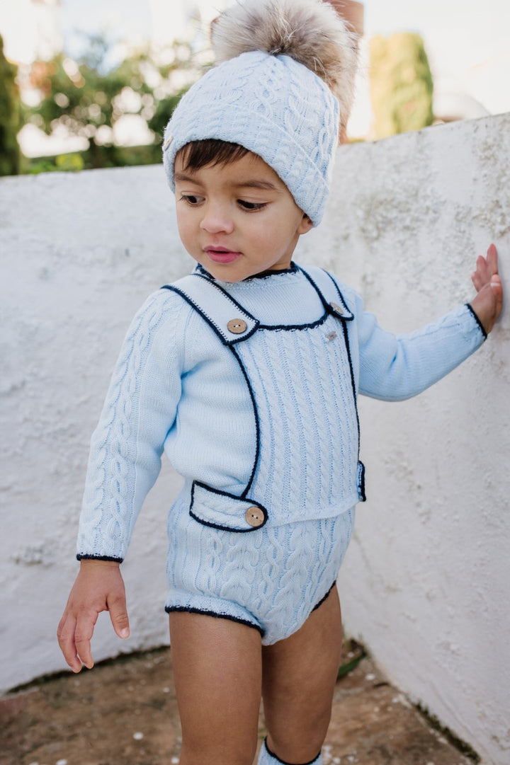 "Oscar" Baby Blue & Navy Knit Dungaree Romper Set