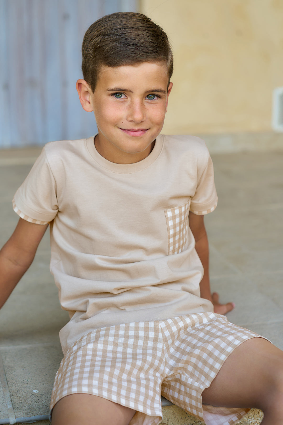 "Roman" Beige Gingham T-Shirt & Shorts