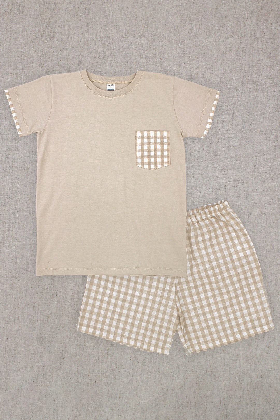 "Roman" Beige Gingham T-Shirt & Shorts