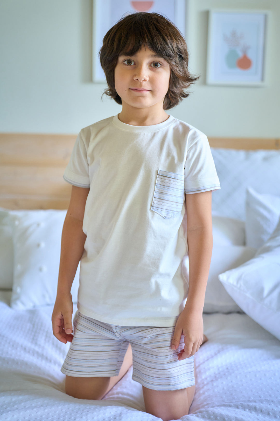 Rapife "Colby" Pale Blue & Beige Stripe T-Shirt & Shorts | Millie and John