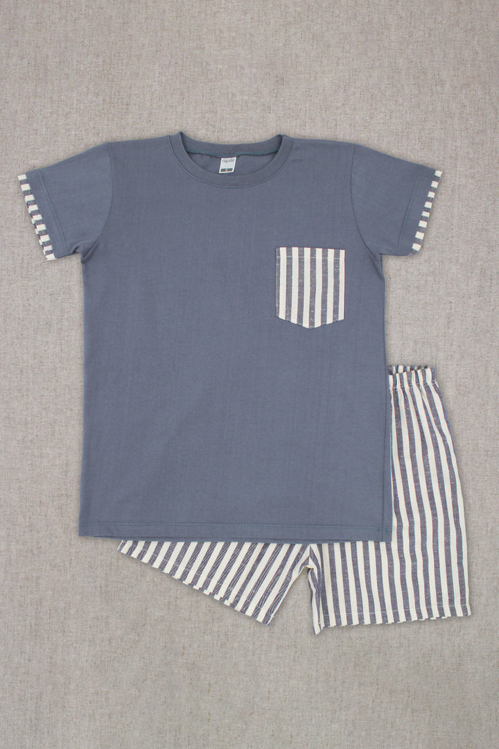 "Finnian" Dusky Blue Striped T-Shirt & Shorts