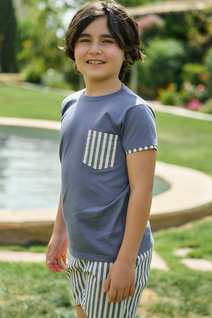 "Finnian" Dusky Blue Striped T-Shirt & Shorts