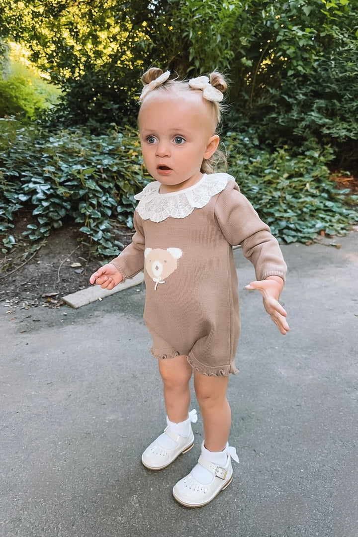 "Honey" Caramel Brown Knit Bear Romper