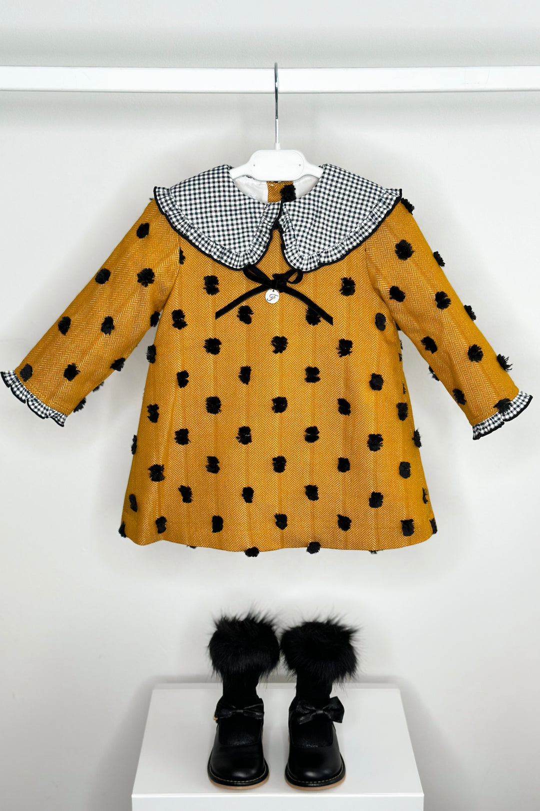 "Peggy" Mustard & Black Gingham Polka Dot Dress