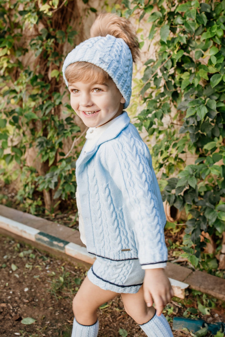 "Alfie" Baby Blue & Navy Knit Cardigan, Shirt & Shorts