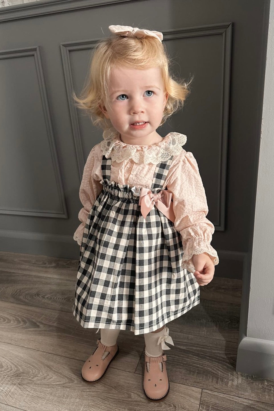 Valentina Bebes "Molly" Peach Blouse & Black Gingham Pinafore Dress | Millie and John