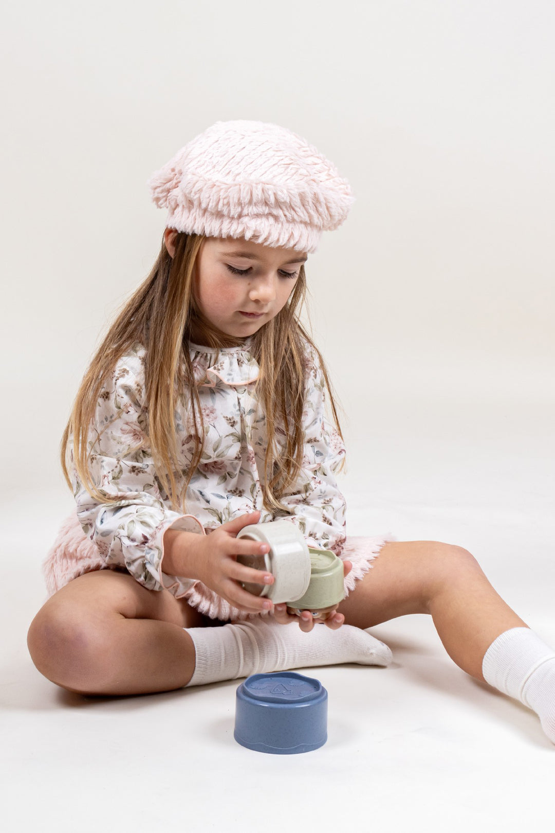 "Emma" Pale Pink Floral Blouse & Faux Fur Skirt