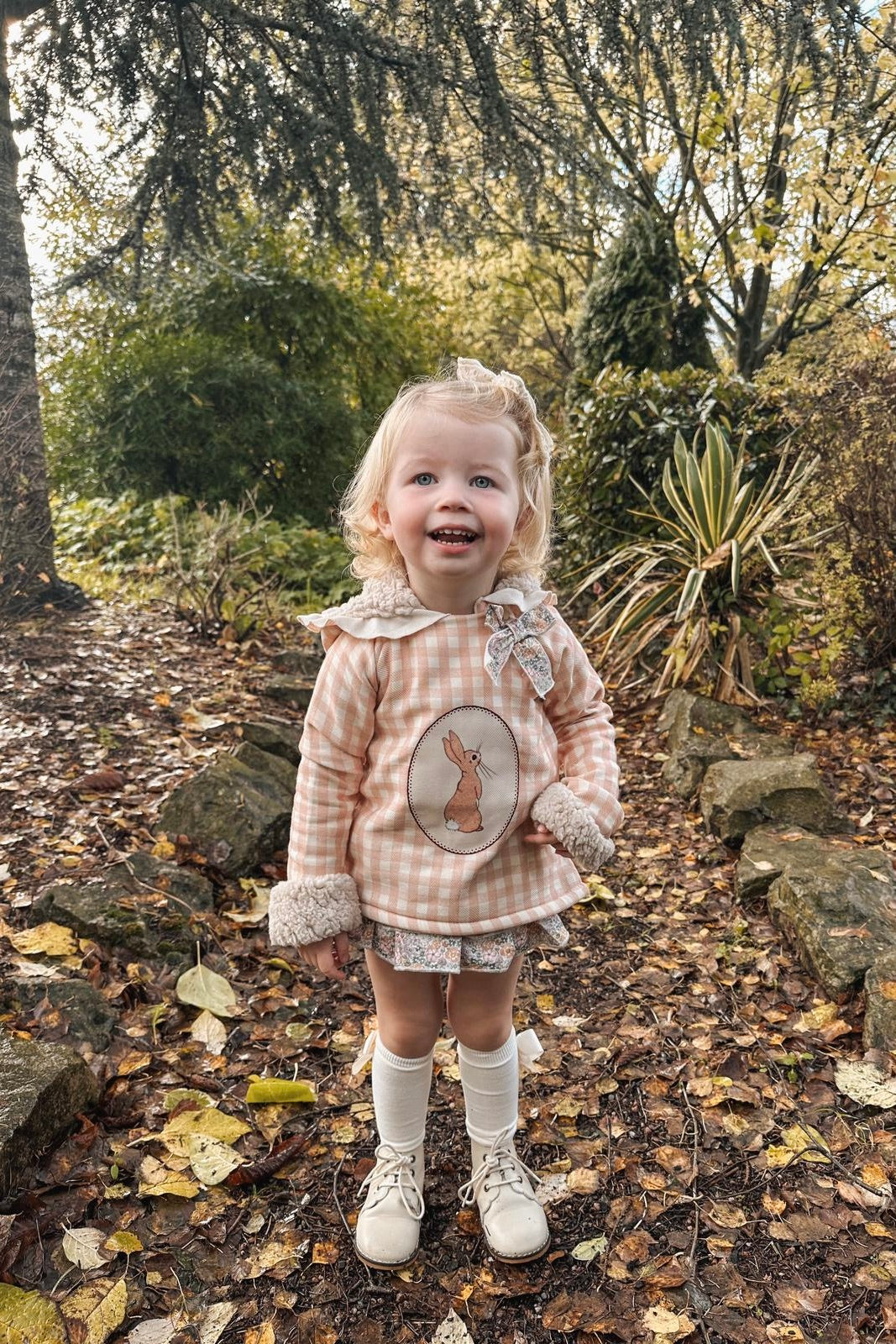 Valentina Bebes "Hannah" Peach Gingham Bunny Hoodie & Skirt | Millie and John