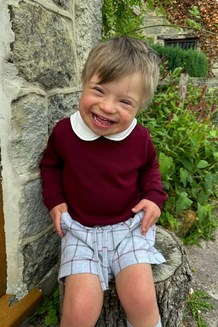 "Elijah" Burgundy Knit Top & Tartan Shorts