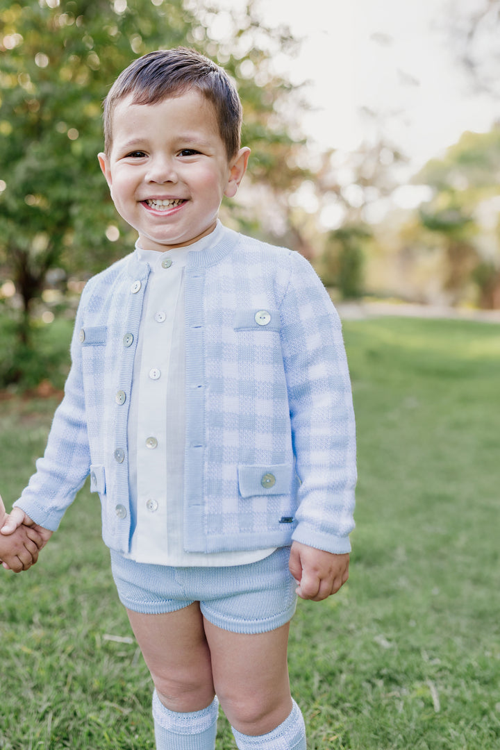 "Ernest" Baby Blue Gingham Knit Cardigan, Shirt & Shorts