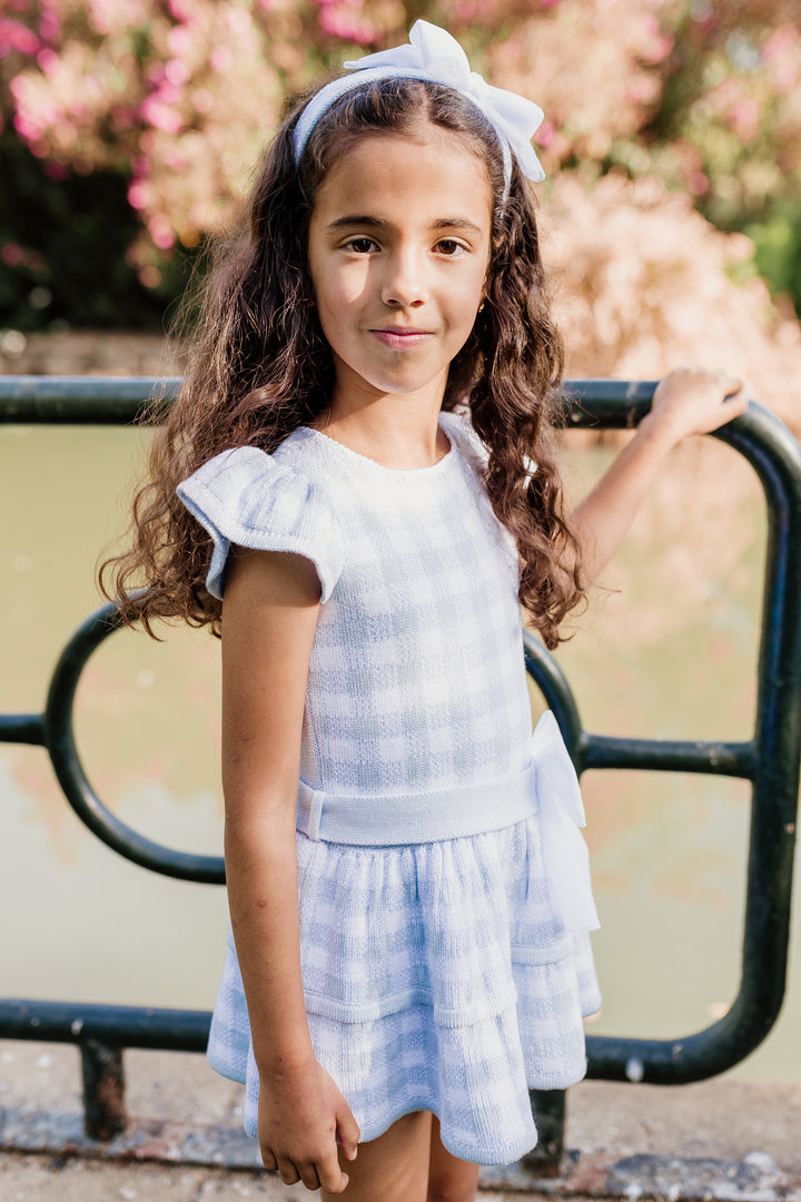 "Ivy" Baby Blue Gingham Knit Drop Waist Dress