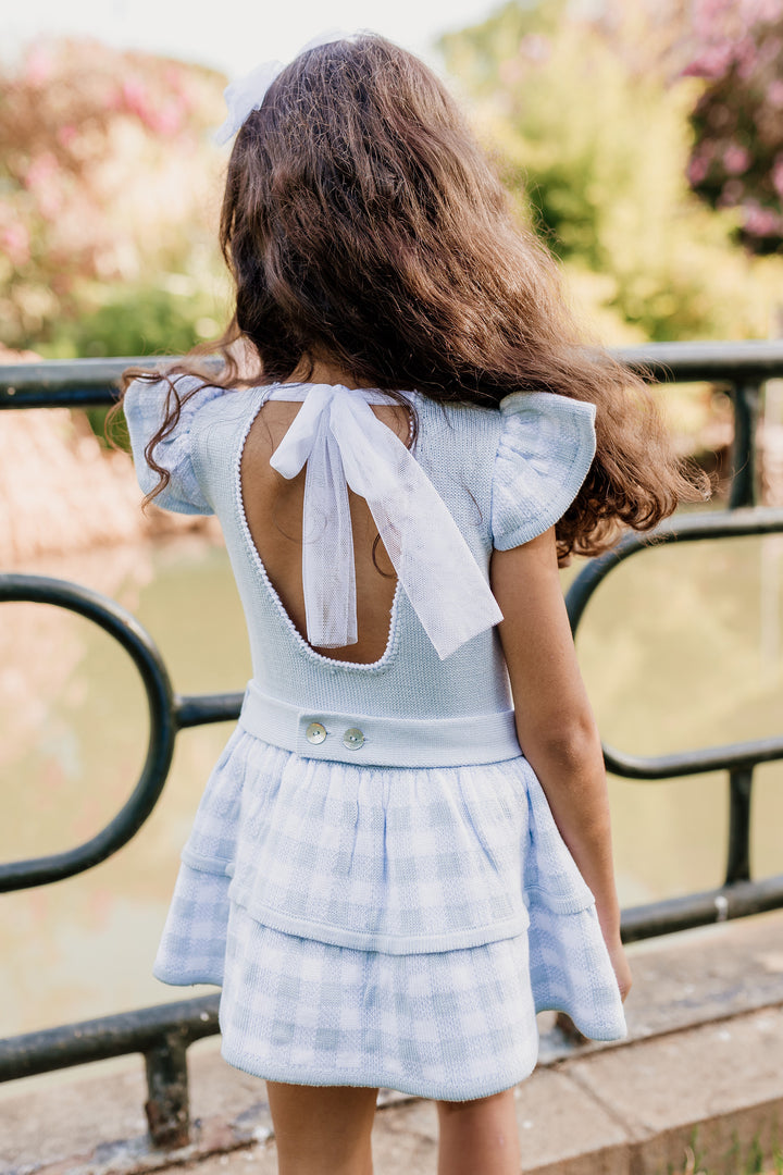 "Ivy" Baby Blue Gingham Knit Drop Waist Dress