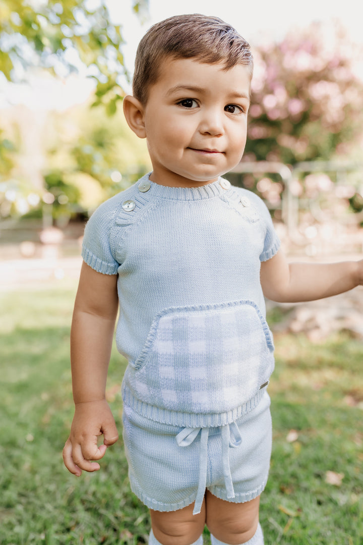 "Oliver" Baby Blue Gingham Knit Top & Shorts