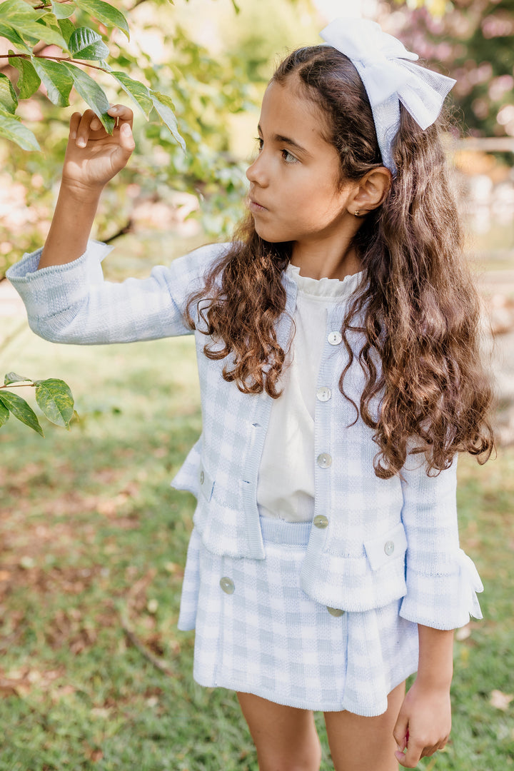 "Martha" Baby Blue Gingham Knit Cardigan, Blouse & Skort