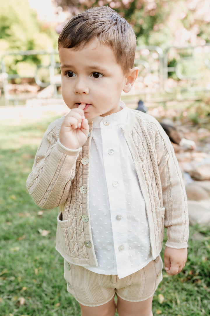 "William" Camel & Cream Cable Knit Cardigan, Shirt & Shorts