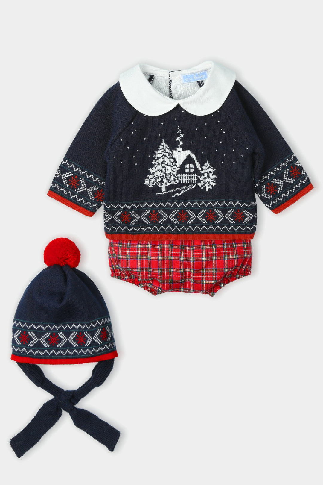 Mac Ilusión PREORDER "Leopold" Navy & Red Knit Tartan Outfit Set | Millie and John
