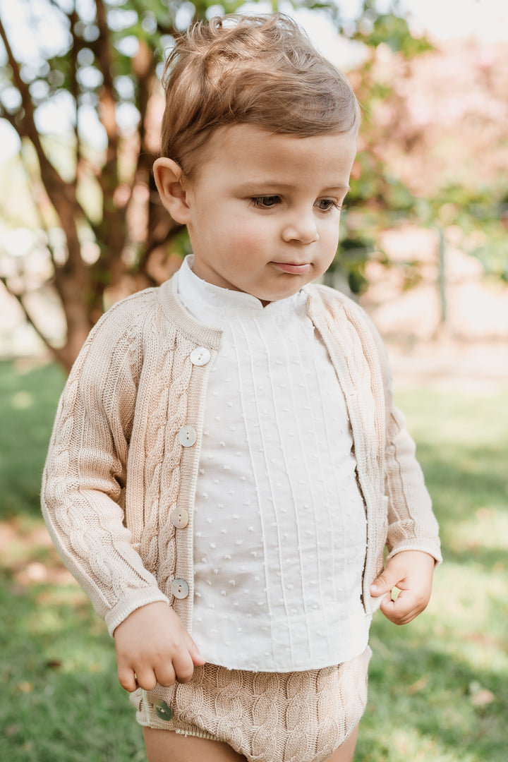 "Edward" Camel & Cream Cable Knit Cardigan, Shirt & Jam Pants