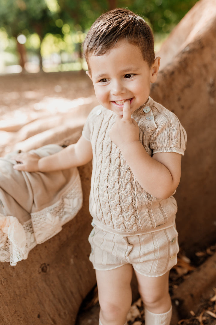 "Charles" Camel & Cream Cable Knit Top & Shorts