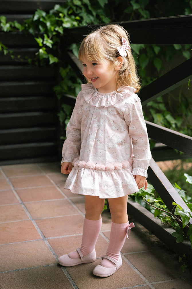 "Elspeth" Pale Pink Swan Print Dress & Bloomers