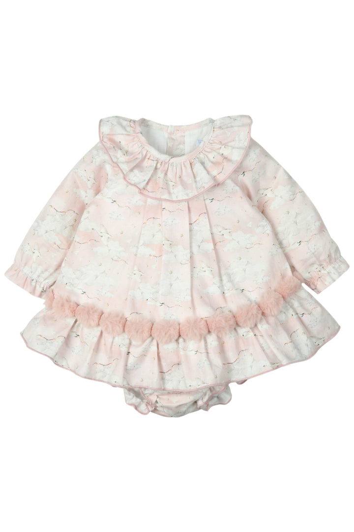 "Elspeth" Pale Pink Swan Print Dress & Bloomers