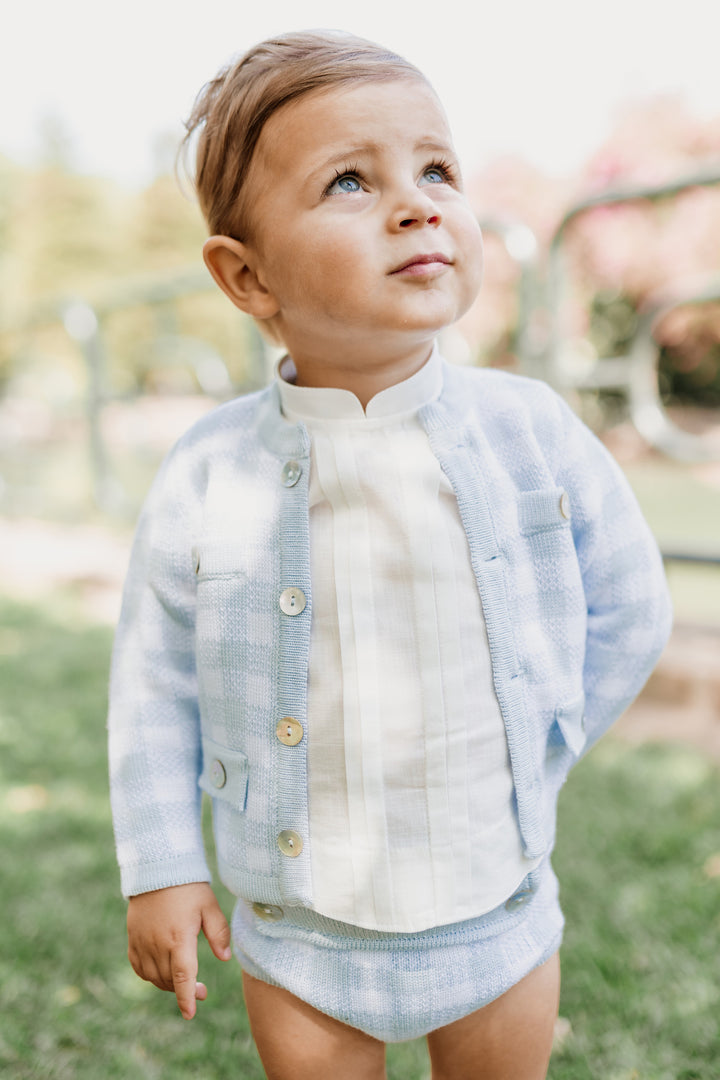 "Bertie" Baby Blue Gingham Knit Cardigan, Shirt & Jam Pants