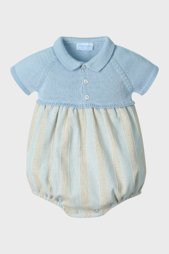 Mac Ilusión "Romeo" Powder Blue Half Knit Striped Romper | Millie and John