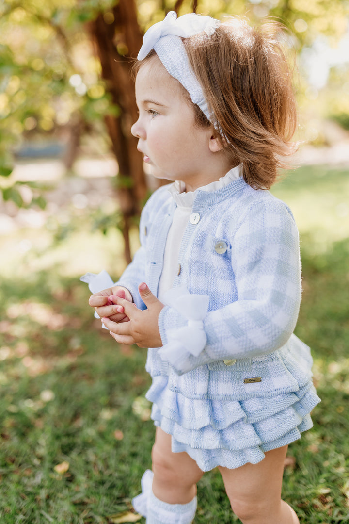 "Annabelle" Baby Blue Gingham Knit Cardigan, Blouse & Bloomers