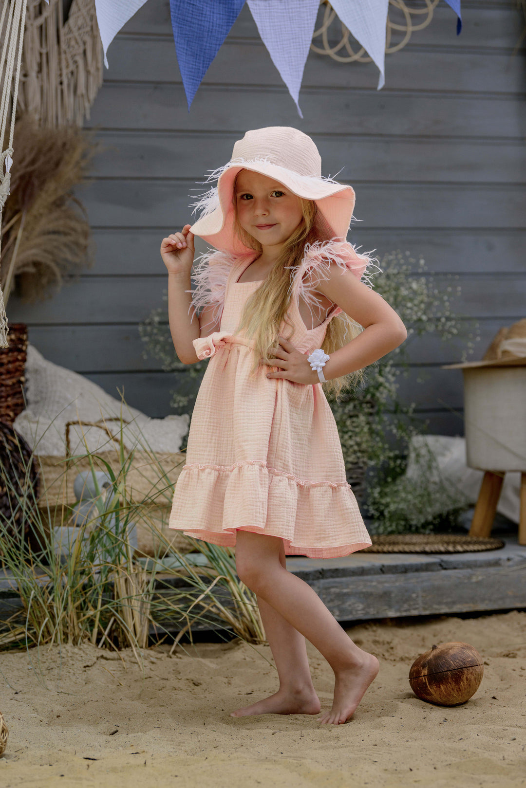 Jamiks "Akali" Apricot Cheesecloth Feather Dress | Millie and John