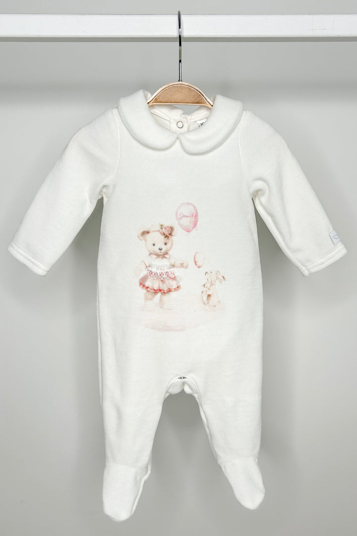 Ivory & Pink Velour Bear Sleepsuit