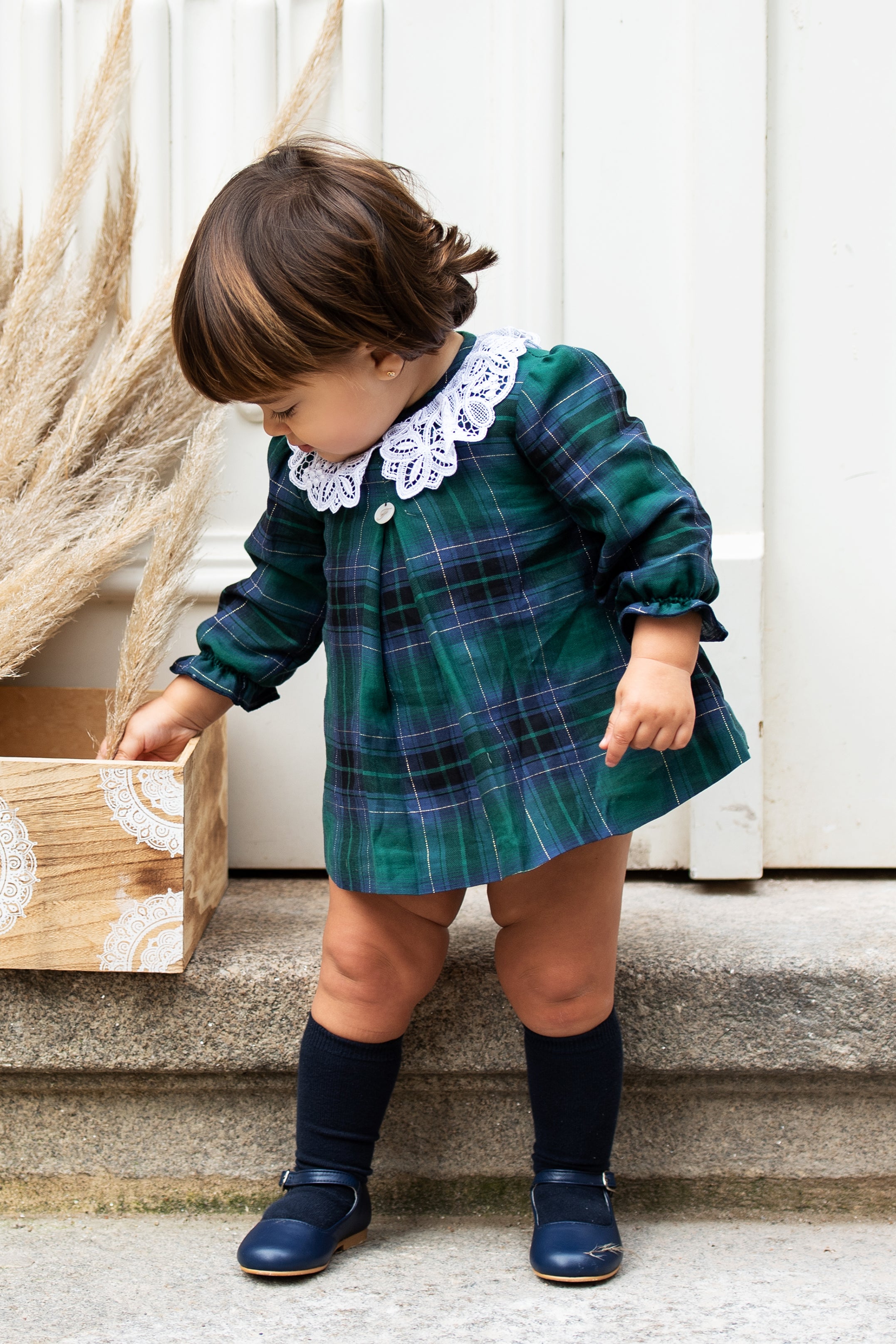 Foque AW23 Elizabeth Bottle Green Tartan Dress Bloomers Millie and John