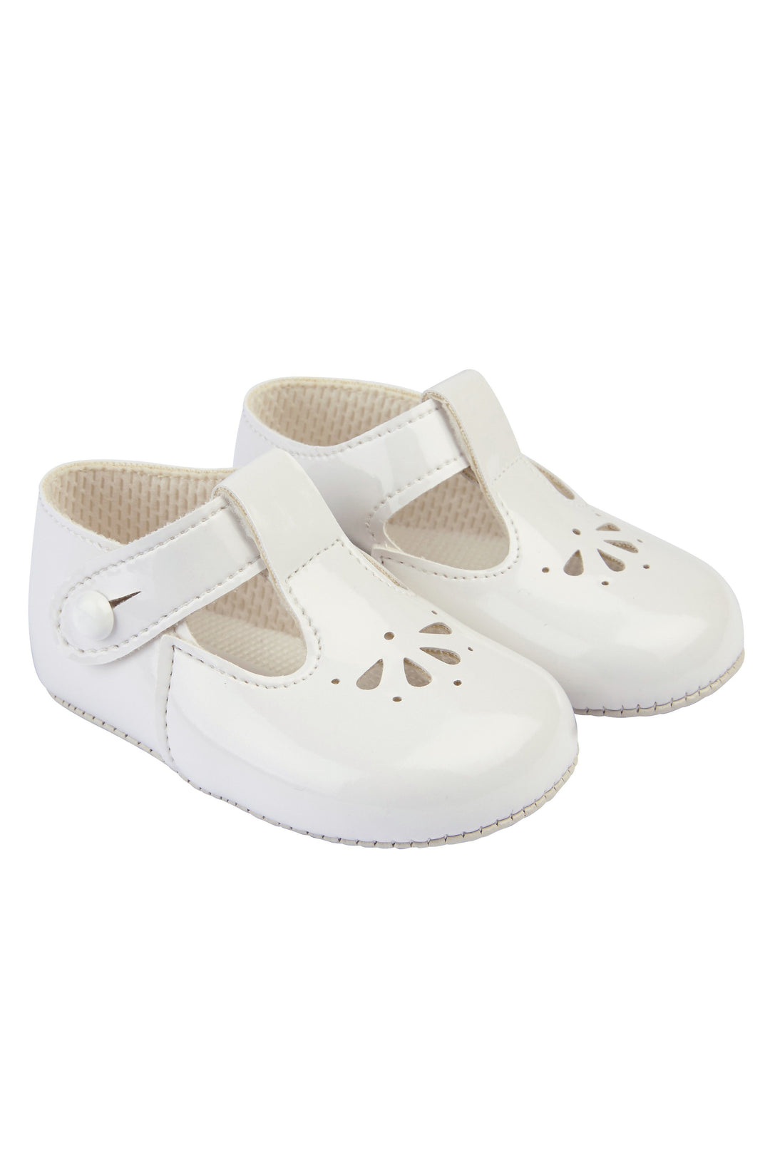 Baypods White Patent Petal Punch T-Bar Shoes | Millie and John