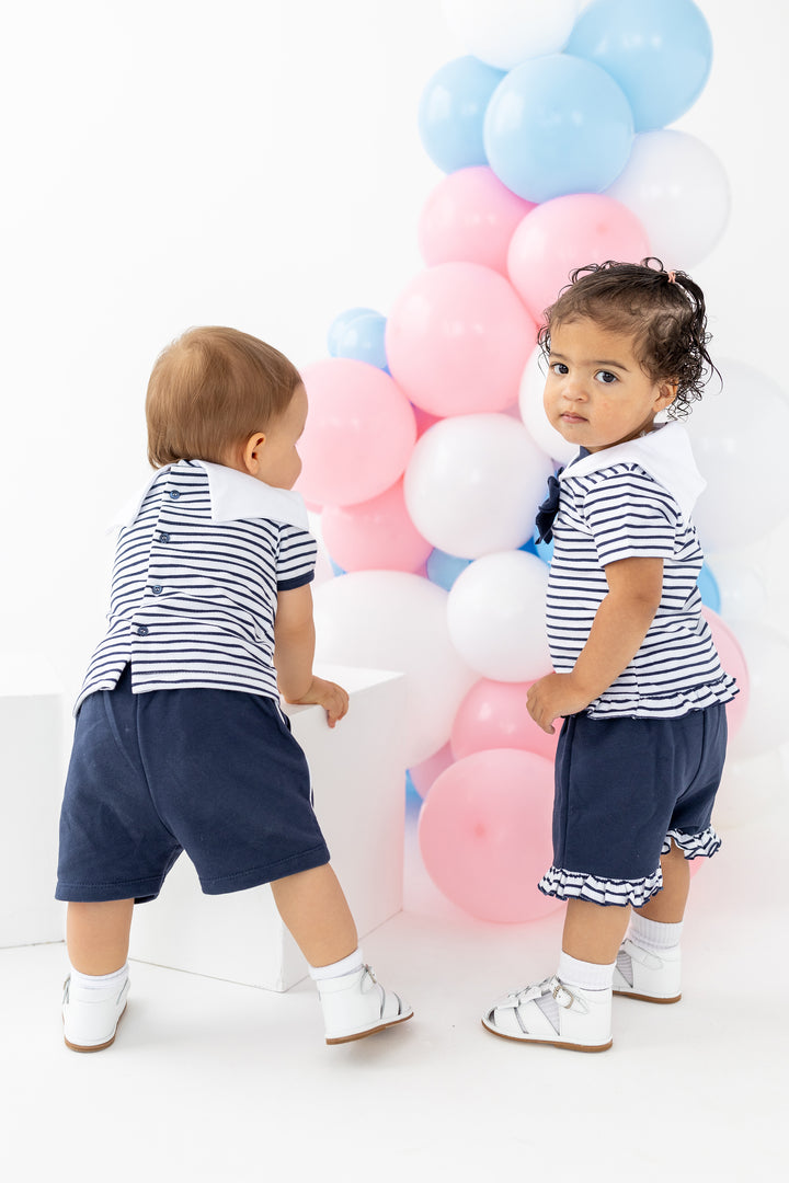 Blues Baby PREORDER "Hawkins" Navy Striped Sailor Top & Shorts | Millie and John