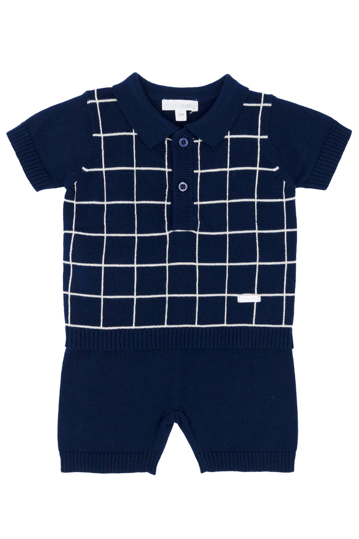 Blues Baby PREORDER "Bennett" Navy Checked Knit Polo Shirt & Shorts | Millie and John