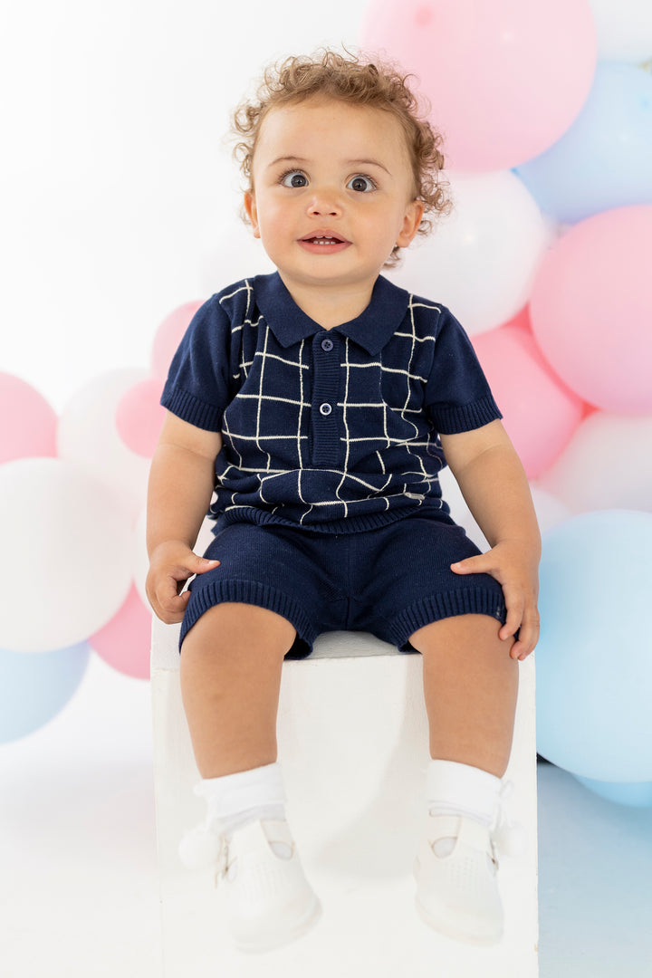 Blues Baby PREORDER "Bennett" Navy Checked Knit Polo Shirt & Shorts | Millie and John