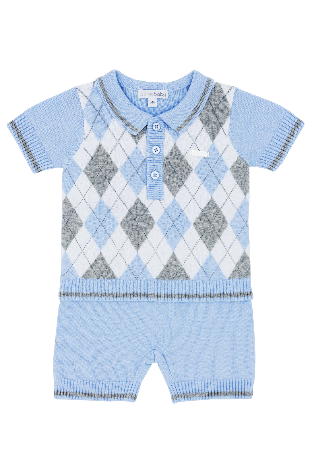 Blues Baby PREORDER "Charlie" Blue & Grey Argyle Knit Polo Shirt & Shorts | Millie and John