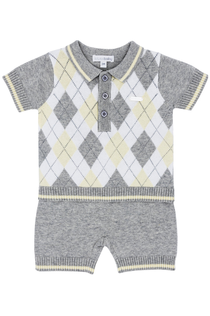 Blues Baby "Charlie" Grey & Lemon Argyle Knit Polo Shirt & Shorts | Millie and John