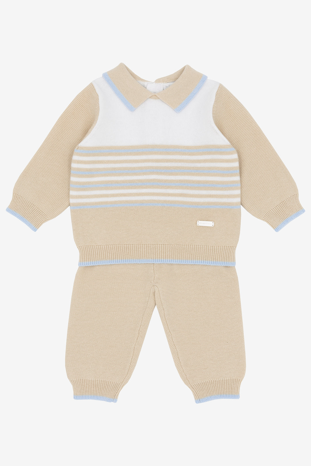 "Mason" Beige, White & Blue Knitted Polo Top & Trousers