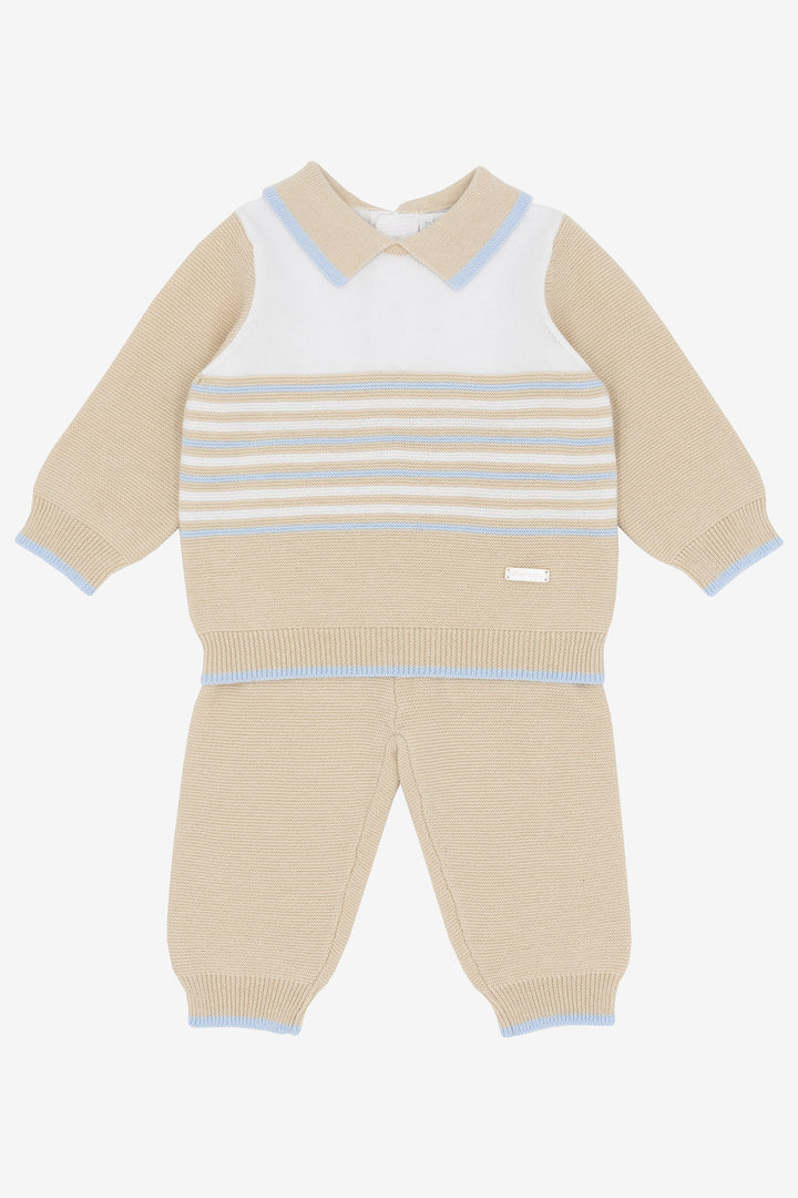 "Mason" Beige, White & Blue Knitted Polo Top & Trousers