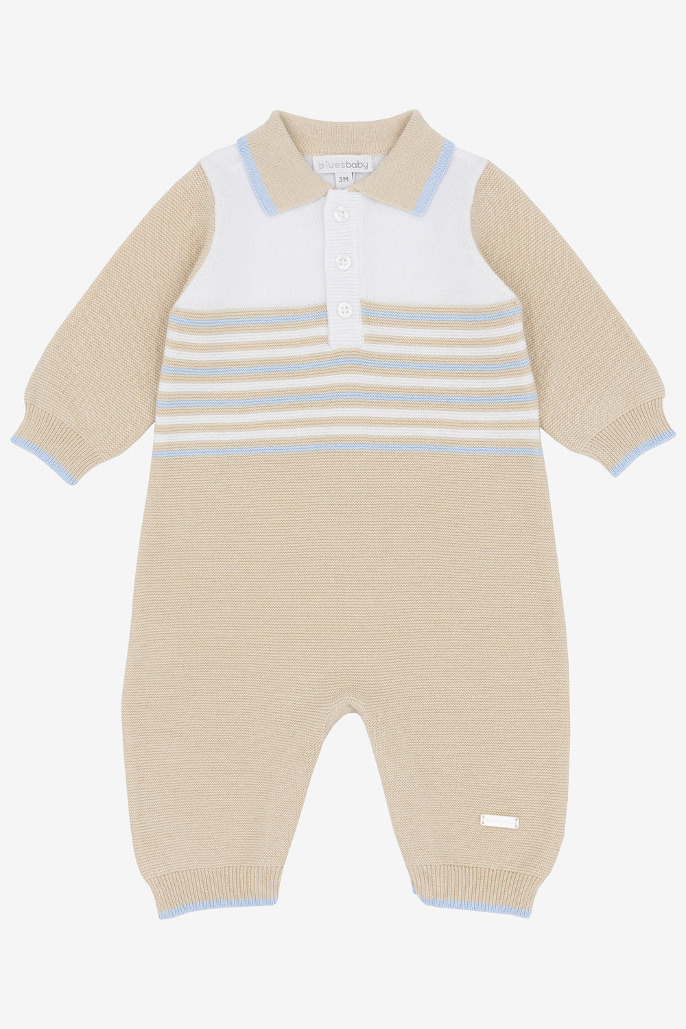 Blues Baby "Ollie" Beige, White & Blue Knitted Polo Romper | Millie and John